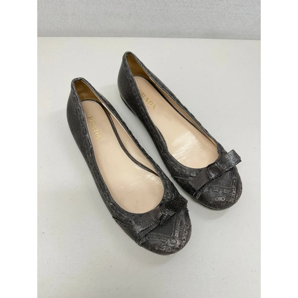 Prada Brown Distressed Cracked Leather Bow Brogue Ballet Flats Italy 39 9